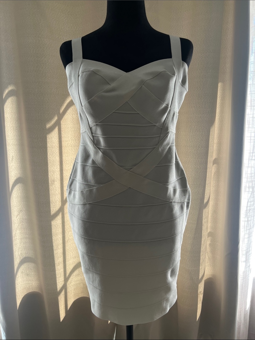 White Bandage Sheath Dress with Strappy Sweetheart Neckline